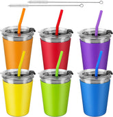 SSAWcasa 6Pcs 12oz Kids Cups with Silicone Straws and Lids - Spill Proof Kids Sippy Cups Stainless Steel Kids Tumblers for Cold & Hot Drinks for Children and Adult